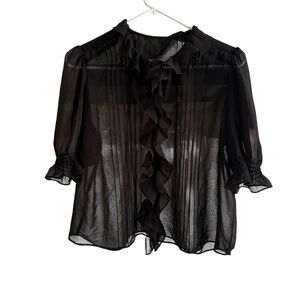 Sheer Black Ruffle Short Sleeve Button Down